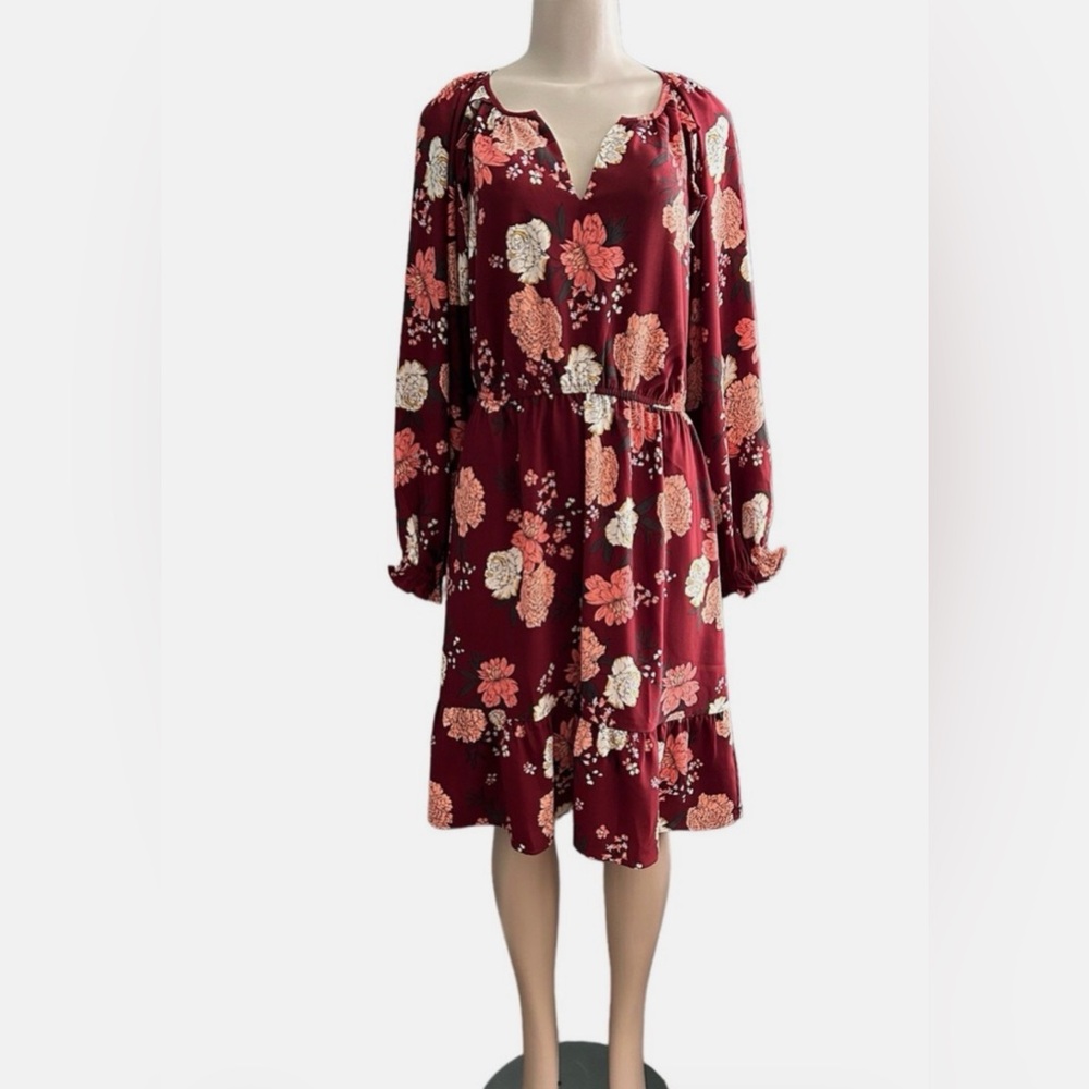 LOFT Maroon Floral Midi Long Sleeve Dress